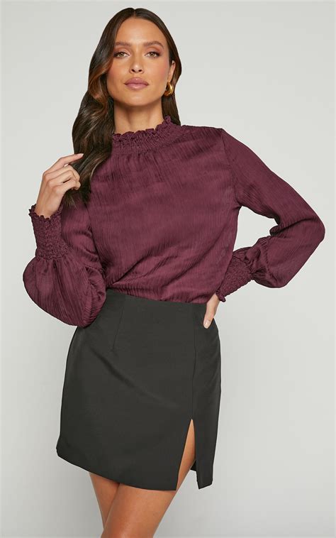 Kelsey Blouse Shirred Long Sleeve Blouse In Plum Showpo Eu