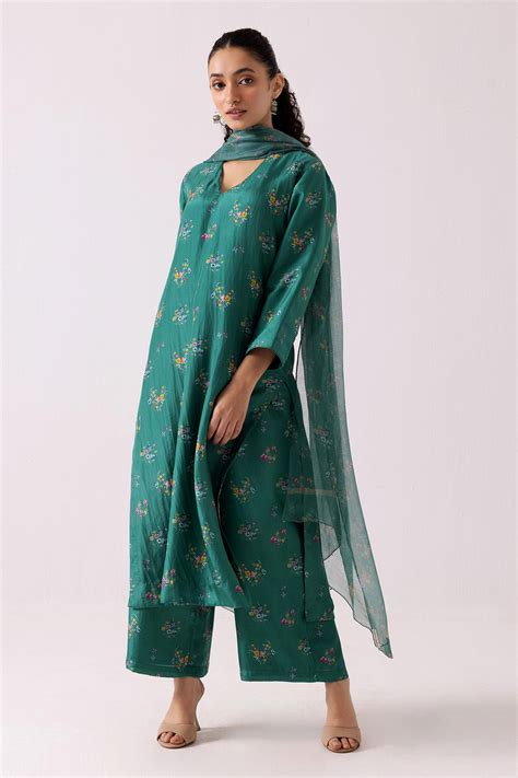 Buy Green Kurta And Pant Cotton Silk Print Floral V Neck Set For Women