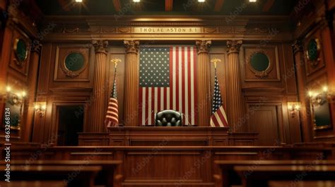 This Image Depicts An Empty Courtroom With A Dominant Wooden Interior