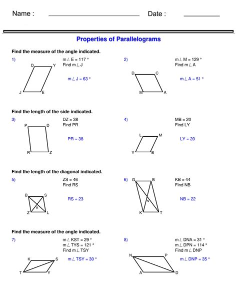 Properties Of Parallelograms Quadrilaterals And Polygons Worksheets