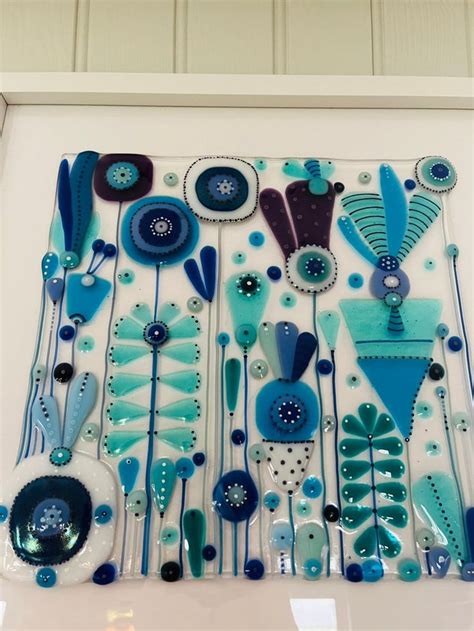 Fused Glass Funky Blues Retro Flowers Art Fused Glass Etsy Uk Fused Glass Artwork Glass