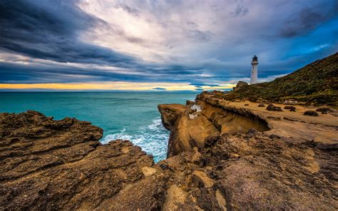 壁紙1920x1200ニュージーランド海岸空灯台Castlepoint Lighthouse岩雲自然ダウンロード写真