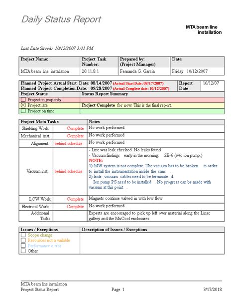 Project Daily Status Report Template