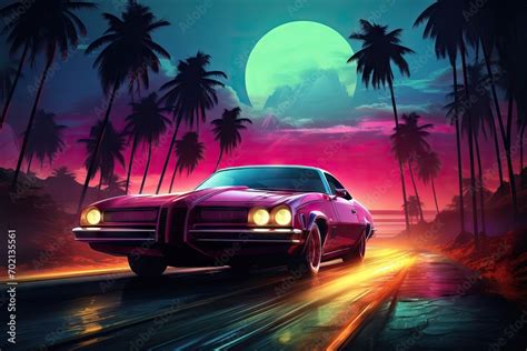 Retro Car Rides Among The Palm Trees Against The Backdrop Of The Sunset