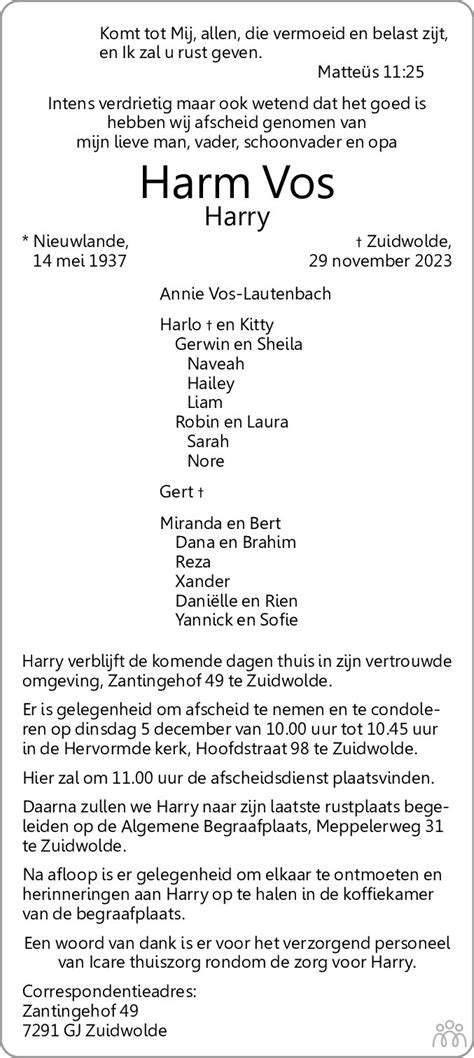 Harm Harry Vos Overlijdensbericht En Condoleances