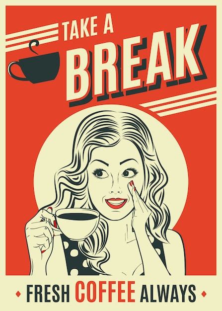 Premium Vector Advertising Coffee Retro Poster With Pop Art Woman