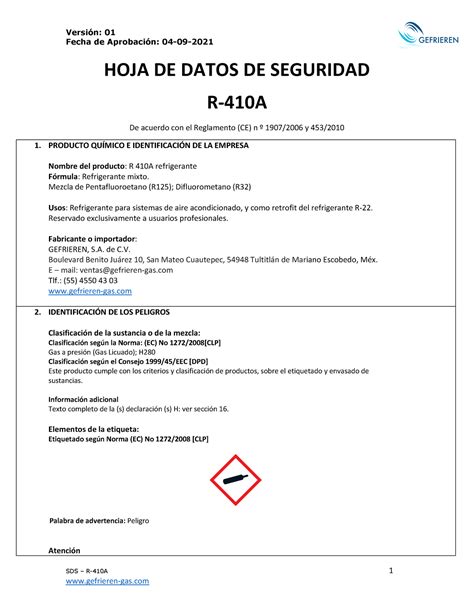 HDS Refrigerante Global 410A Fecha de Aprobación 04 09 2021 SDS