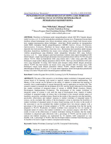 Pdf Pengembangan Lembar Kegiatan Siswa Lks Berbasis Learning Cycle 5e Untuk Meningkatkan
