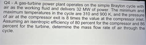 Solved Q A Gas Turbine Power Plant Operates On The Si