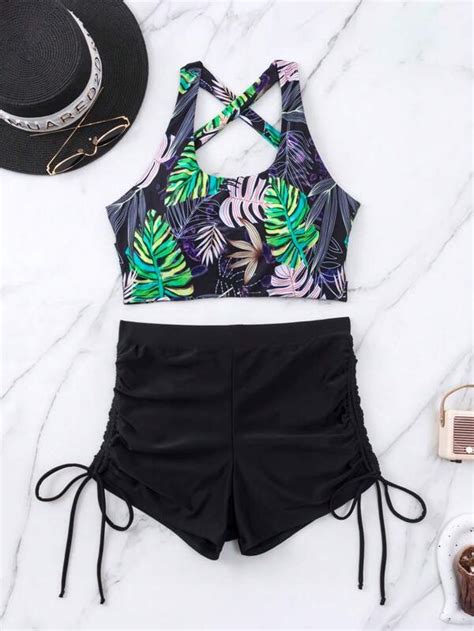 Tropical Print Criss Cross Drawstring Side Bikini Swimsuit Shein Usa