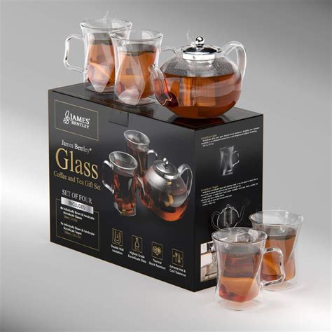 40 Oz Unique Glass Teapot Set With 4 Double Wall Insulated Cups Tea