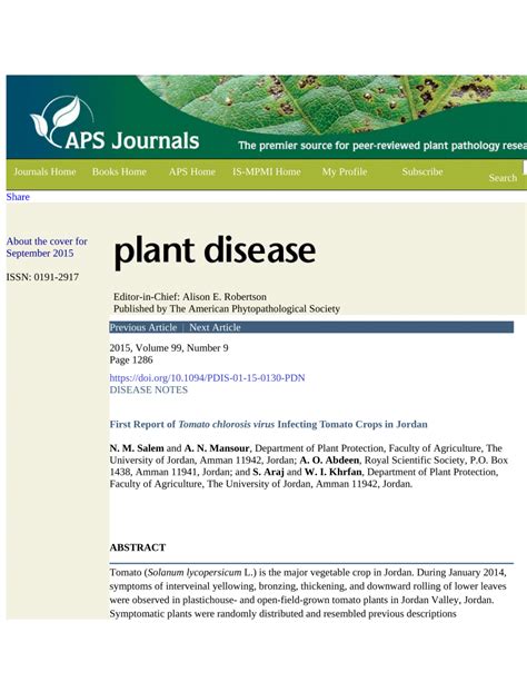 Pdf First Report Of Tomato Chlorosis Virus Infecting Tomato Crops In Jordan