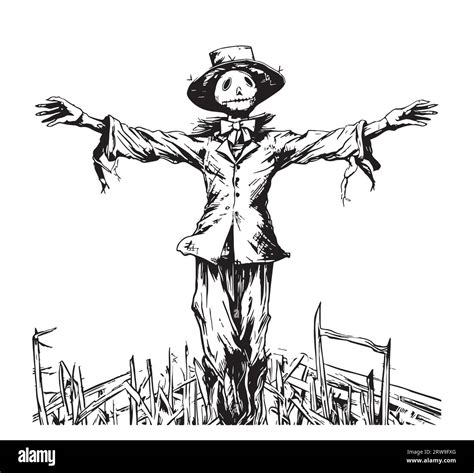 Scarecrow On The Field Sketch Hand Drawn Halloween Illustration Stock