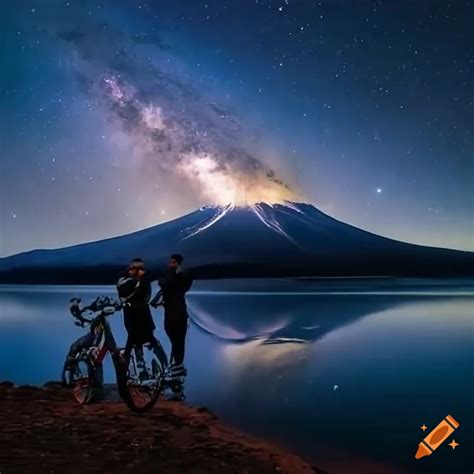 Bikers On A Galactic Ocean With Mt Fuji In The Background On Craiyon