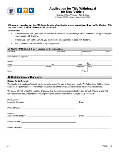 Mass Rmv Application For Title Withdrawal Forms Docs