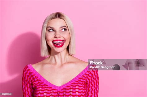 Photo Of Gorgeous Cunning Girl Bite Tongue Lick Red Lips Look Empty