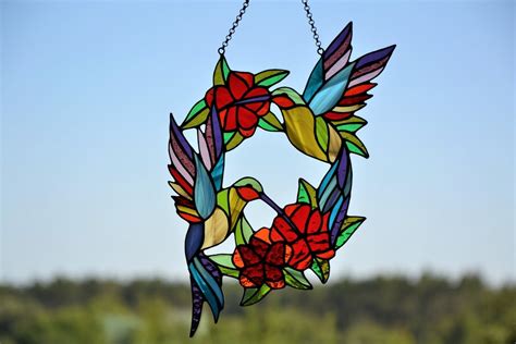 Stained Glass Suncatcher Hummingbirds And Flowers Wreath Leaded Glass Stain Glass Window Hanging