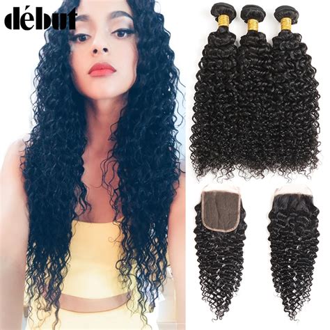 Debut Kinky Curly Bundles With Closure Brazilian Hair Weave 3 Bundles