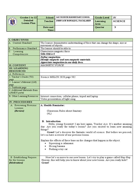 Grades 1 To 12 Detailed Lesson Plan School Grade Level Iv Teacher Learning Area Science Date And