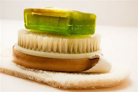 Closeup Body Brush Soap And Scrub Glove Stock Image Image Of Wellness