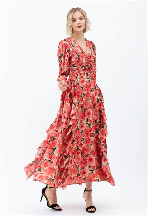 Maxi Floral Floral Print Chiffon Ruffled Maxi Dress Knit Dress Dress Up Elegant Maxi Dress