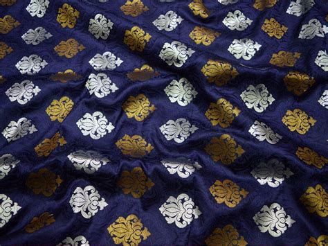 Indian Banarasi Navy Blue Brocade Fabric By The Yard Banaras Etsy