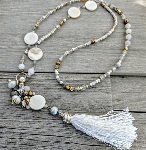 White Long Tassel Necklace Long Beaded Tassel Necklace For Women Extra Long Necklace Boho