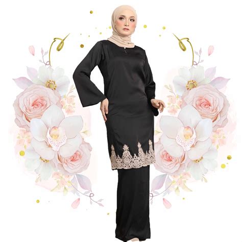 Era Maya Sonia Kurung Satin Baju Raya Pure Black Embellished Lace Baju