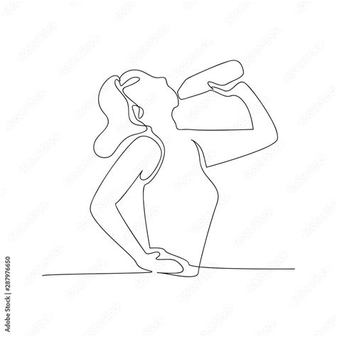 Continuous Line Drawing Of Girl Drinking Water Isolated Sketch Drawing Of Girl Drinking Water