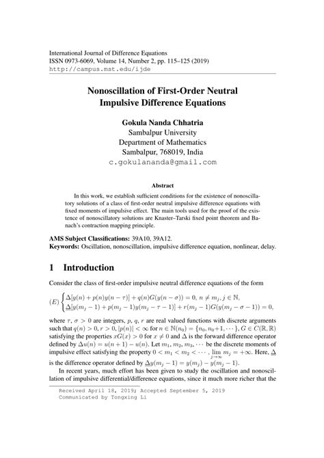 PDF Nonoscillation Of First Order Neutral Impulsive Difference Equations