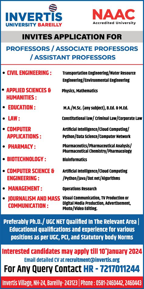 Assistant Professor Job Vacancy At Invertis University