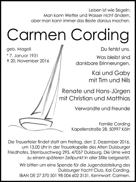 Traueranzeigen Von Carmen Cording Trauer In NRW De