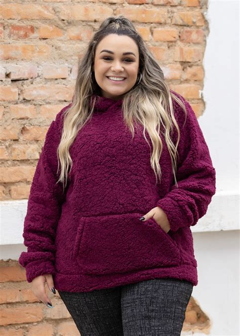 Casaco Plus Size Feminino Teddy Bordo Estilo Próprio Moda Feminina