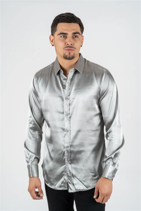 Men S Satin Silver Dress Shirt Platini Fashion