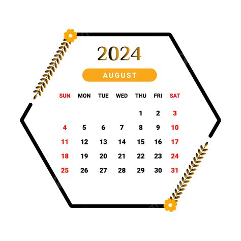 تقويم شهر أغسطس لعام 2024 بتصميم الأزهار باللونين الأسود والأصفر المتجه