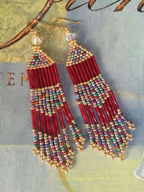 Seed Bead Fringe Earrings Long Red And Multicolored Metallic Etsy Uk Bead Work Jewelry