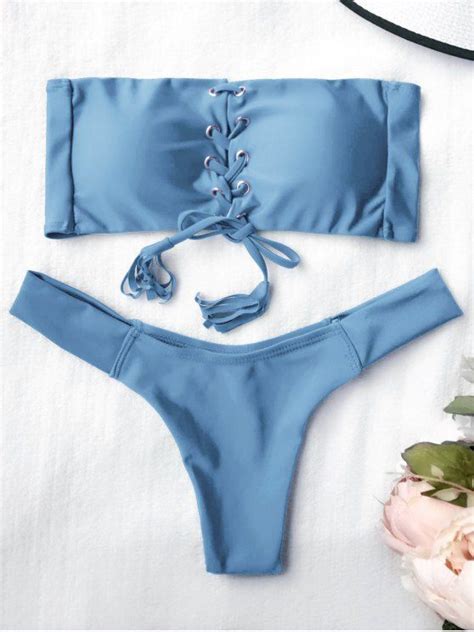 57 OFF 2021 Lace Up Bandeau Bikini Set In BLUE ZAFUL