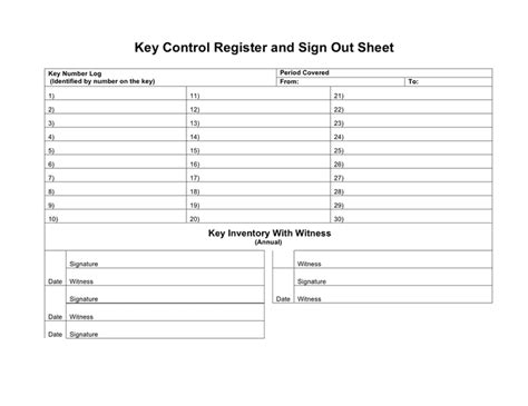 Key control register and sign out sheet in Word and Pdf formats