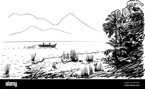 Sketch Of Lake Landscape With Fishing Boat Jungle And Mountains Hand