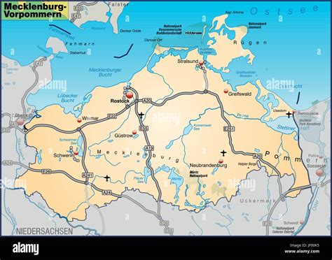 Map Of Mecklenburg Vorpommern With Transport Network In Pastel Orange