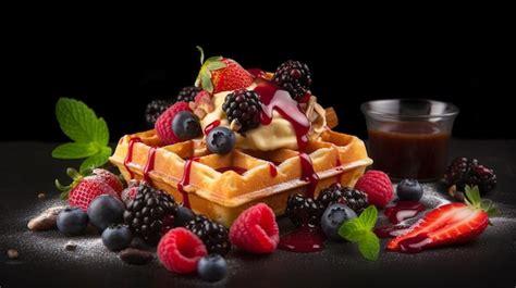 Premium AI Image Delicious Belgian Waffles With Berries Fruits