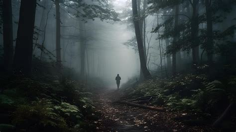 Premium Photo A Man Walking In A Dark Forest With A Foggy Background