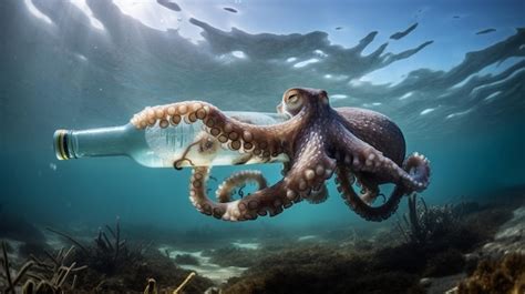 Un pulpo está nadando en una botella Foto Premium