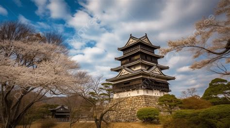 Pagoda Kuil Dan Pohon Sakura Di Jepang Menara Kastil Fukuyama Foto