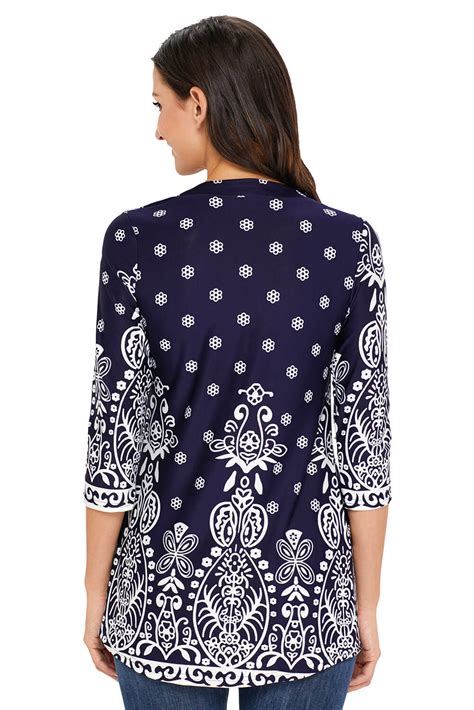 US 7 94 Drop Shipping Navy Blue Floral Notch Neck Pin Tuck Tunic For Women