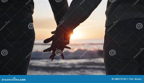 Silhouette Couple And Holding Hands Sunset At Beach With Love And