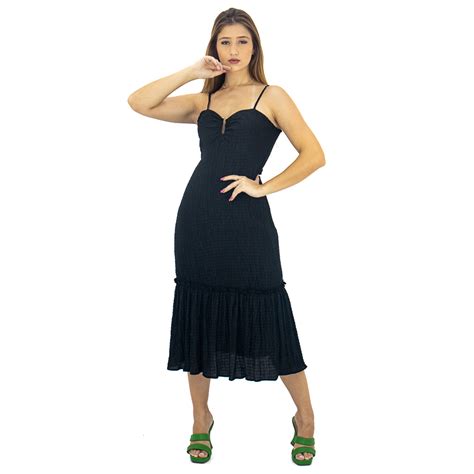 Vestido Midi Al A Em Lastex Decote Feminino Eagle Rock Preto Marshoes