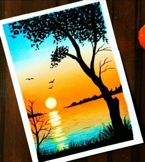 A Painting Of A Sunset With Trees And Water In The Background Next To