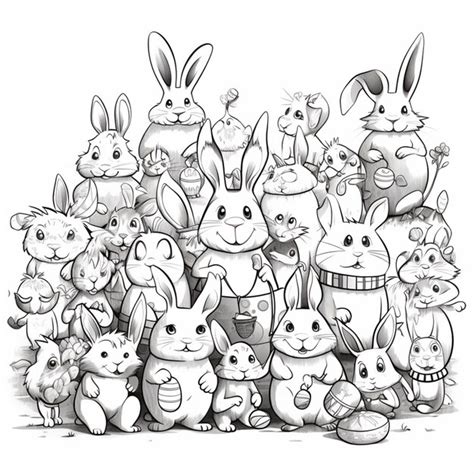 Uma ilustração preto e branco de um grupo de coelhos Foto Premium