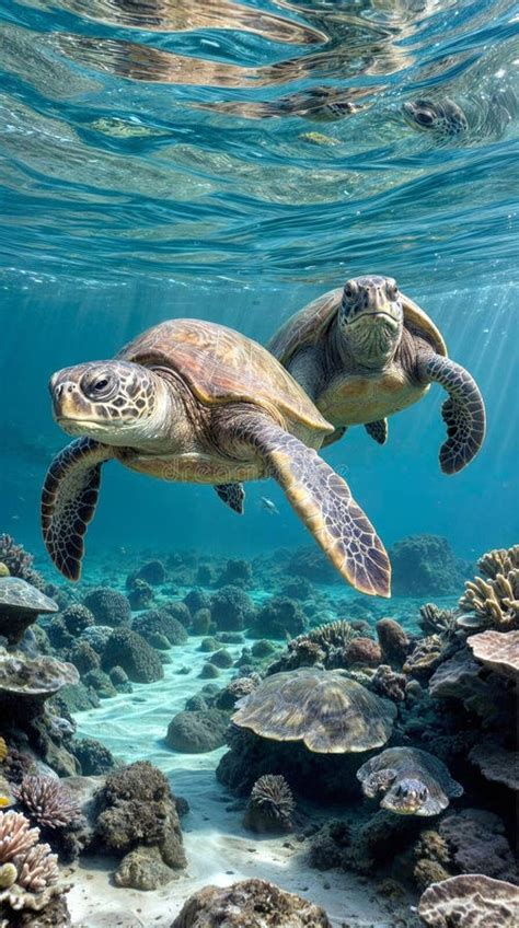 Vibrant Underwater Scene With Two Sea Turtles Near A Coral Reef